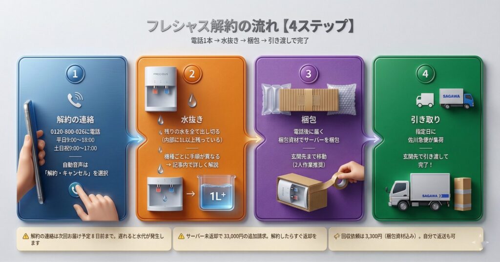 フレシャス解約手順の4ステップフロー図