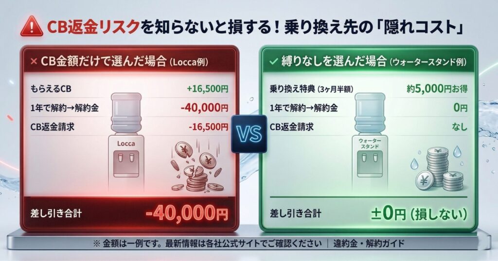 ウォーターサーバー乗り換えCB返金リスクの比較図