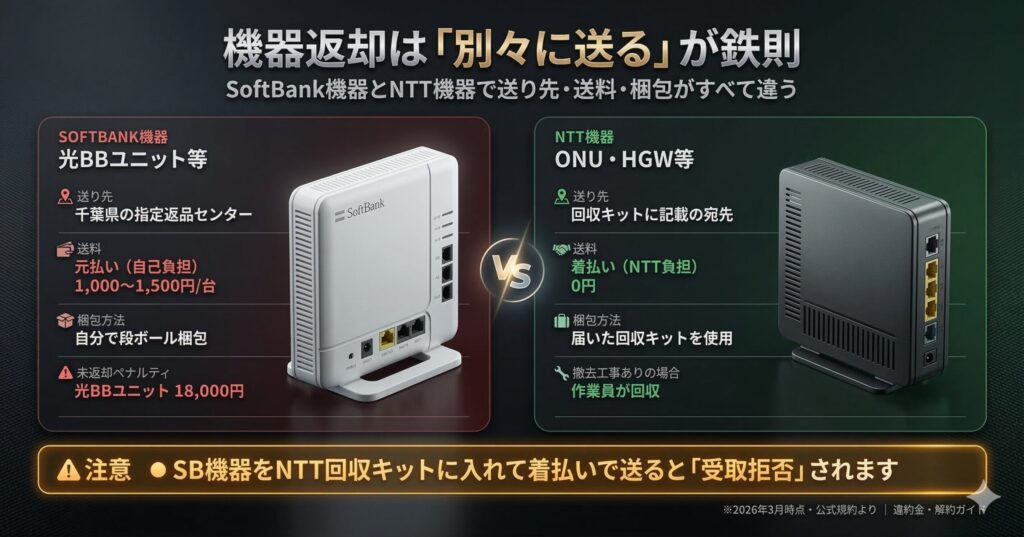 SoftBank機器とNTT機器の返却方法比較:送り先・送料・梱包方法がすべて違う