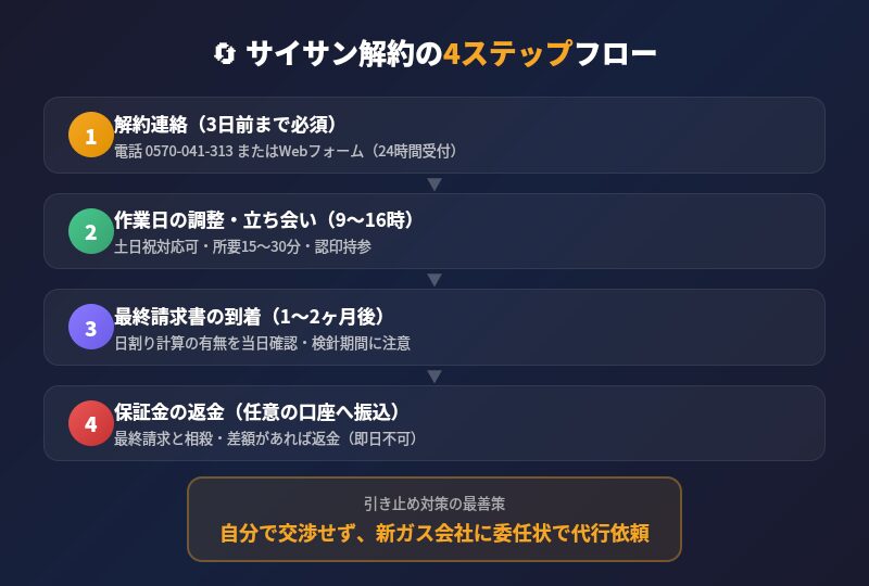 サイサン解約の4ステップフロー（連絡→立ち会い→最終請求→保証金返金）