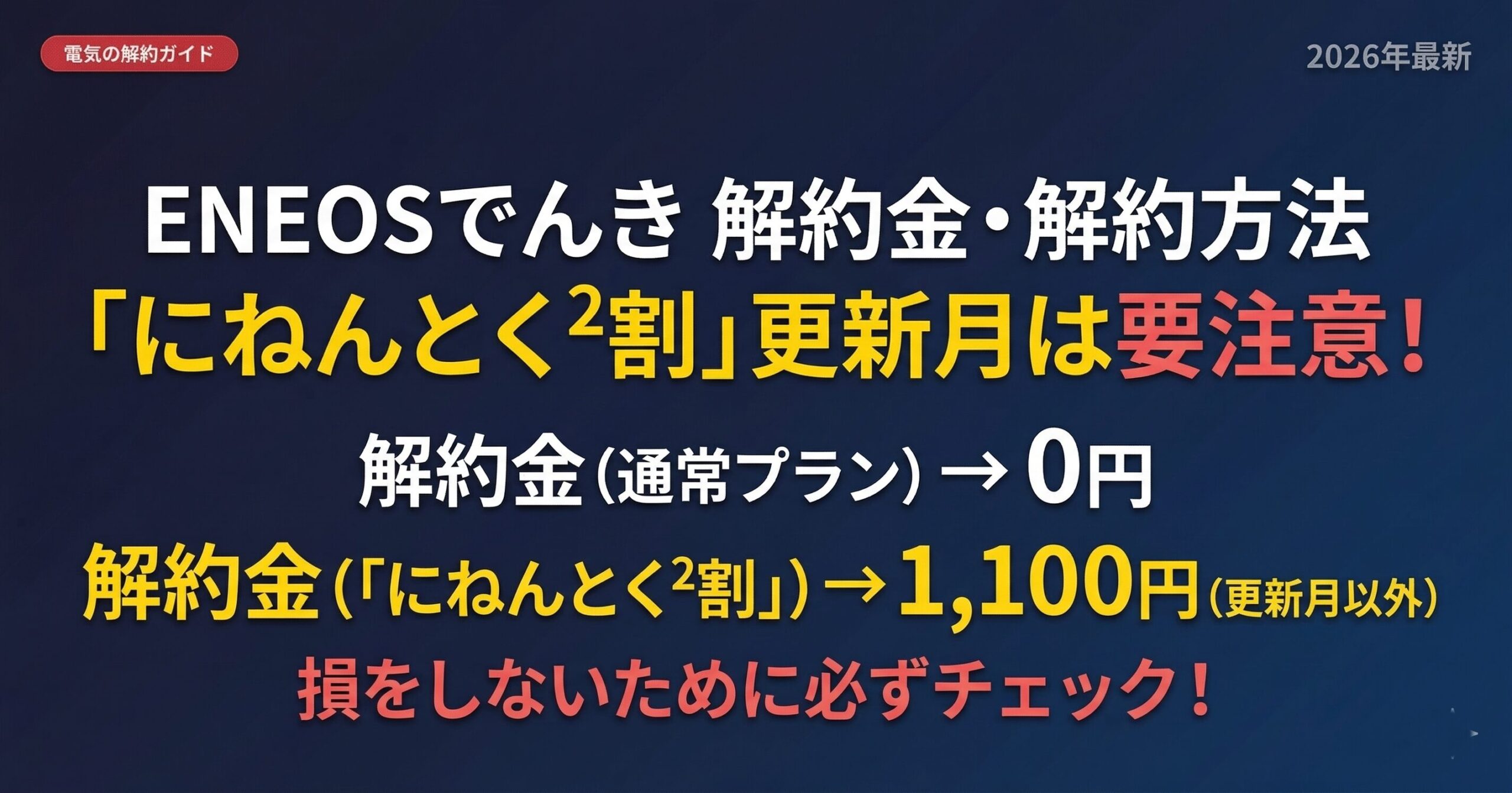 ENEOSでんきの解約金と解約方法（通常プランは違約金0円・にねんとく²割は更新月以外1,100円・更新月の計算方法・損得シミュレーション・乗り換え先の選び方を完全解説）2026年最新