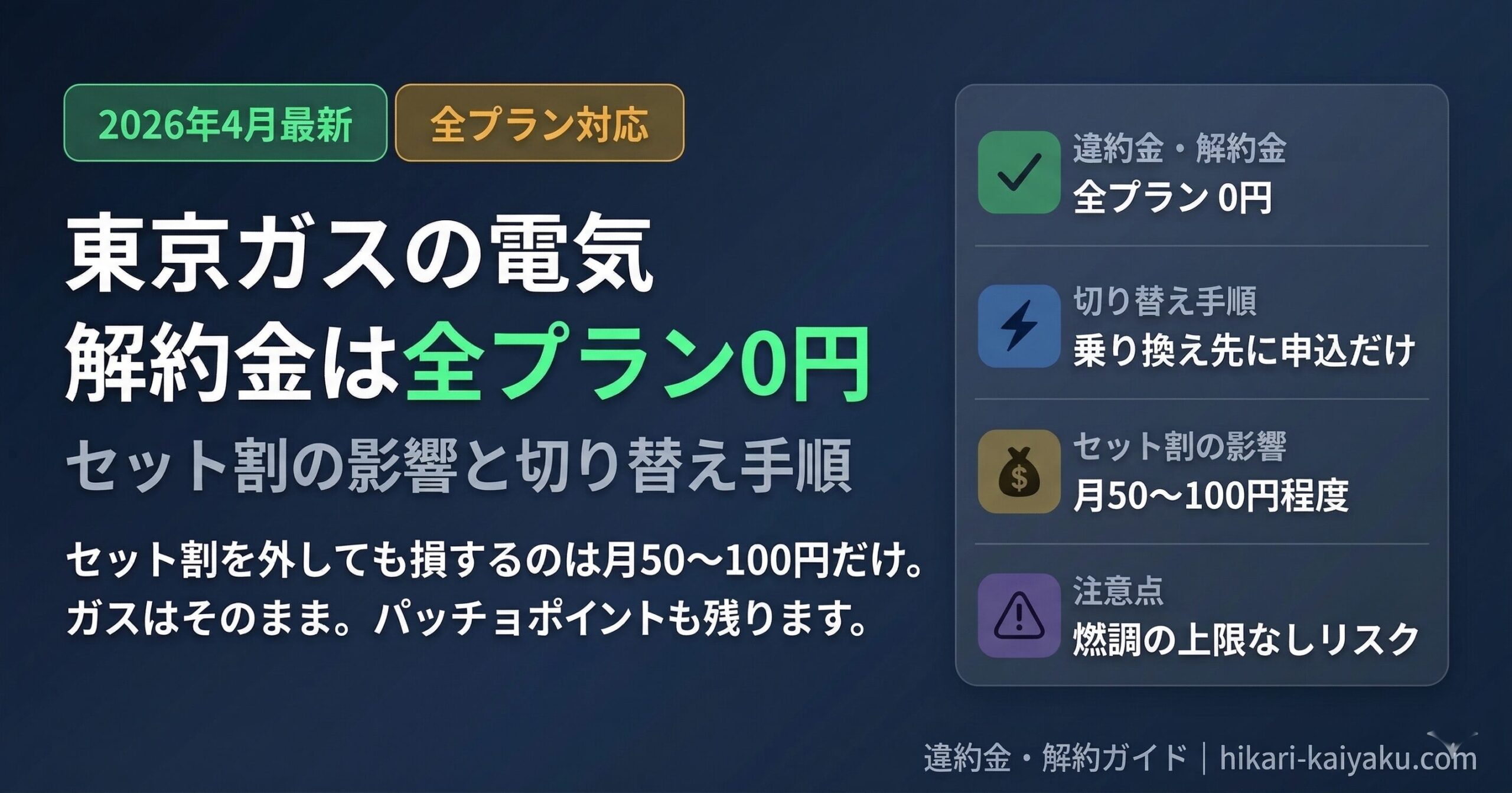 東京ガスの電気 解約金は全プラン0円 セット割の影響と切り替え手順